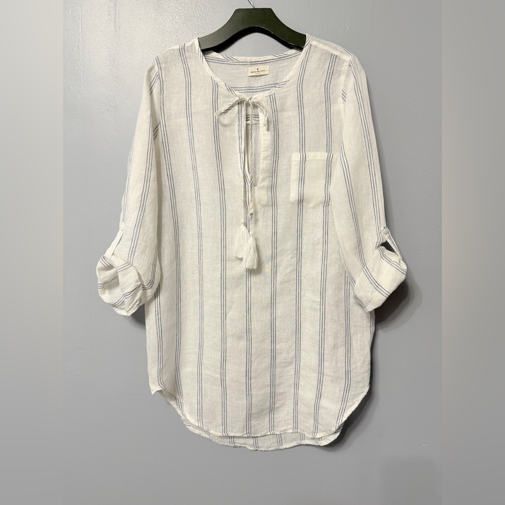 #10)  Elegant White and Blue Striped Blouse with roll up sleeve